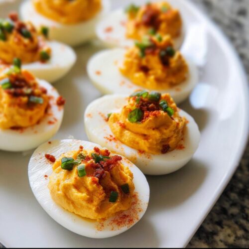 A plate of Spicy Sriracha Deviled Eggs topped with chives and bacon bits, ready to serve.