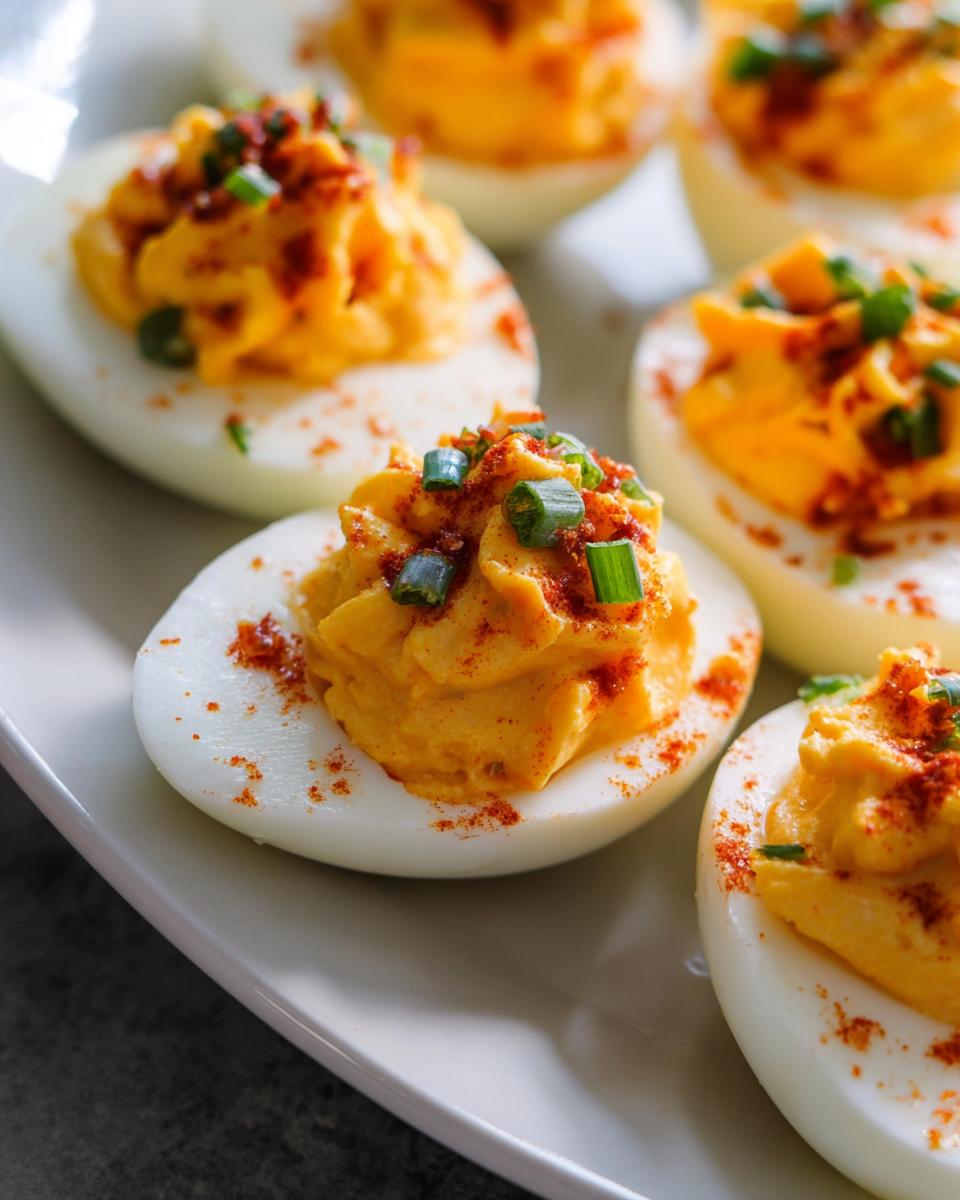Close-up of Spicy Sriracha Deviled Eggs, piped with filling and topped with green onions and paprika.