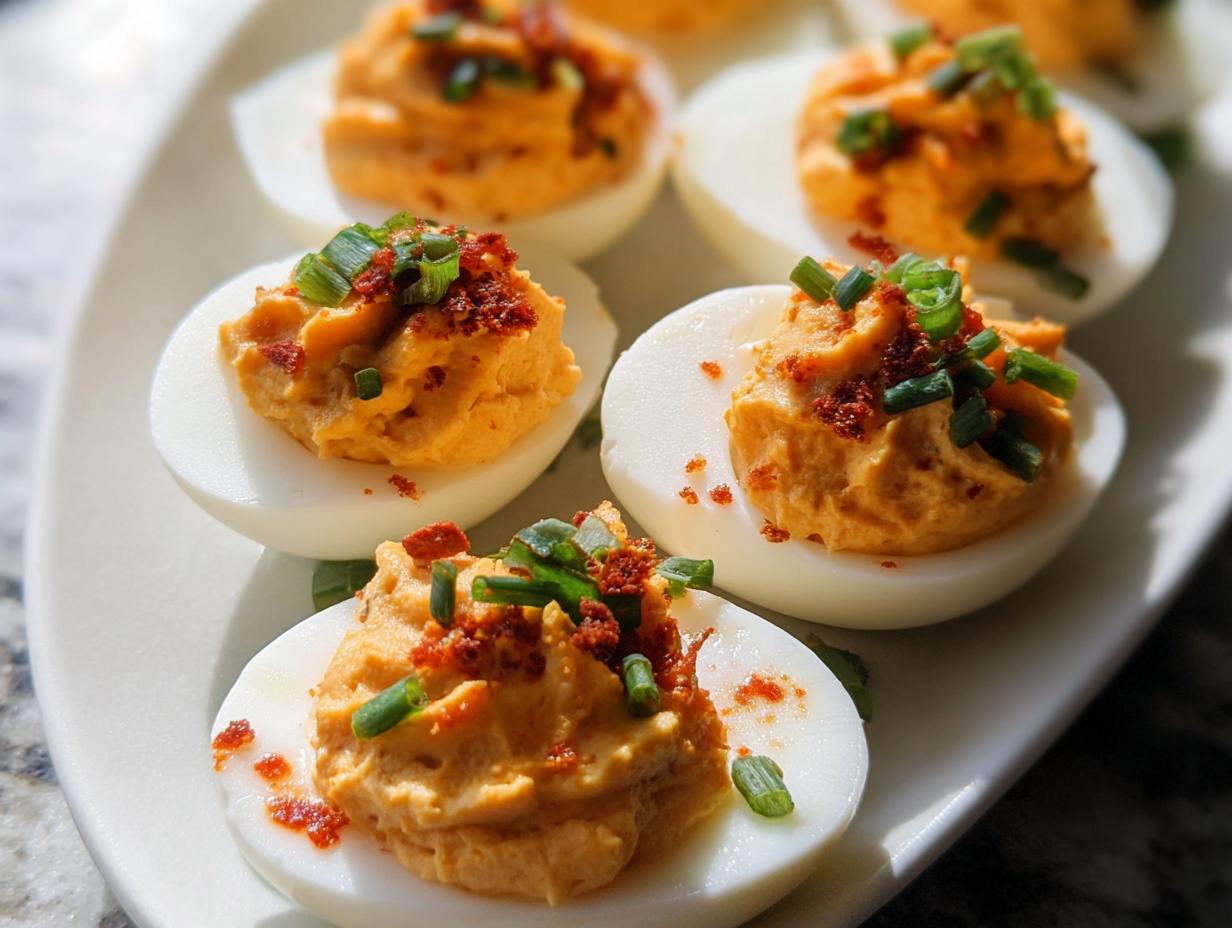 Close-up of several Spicy Sriracha Deviled Eggs topped with chives and red spice on a white platter.
