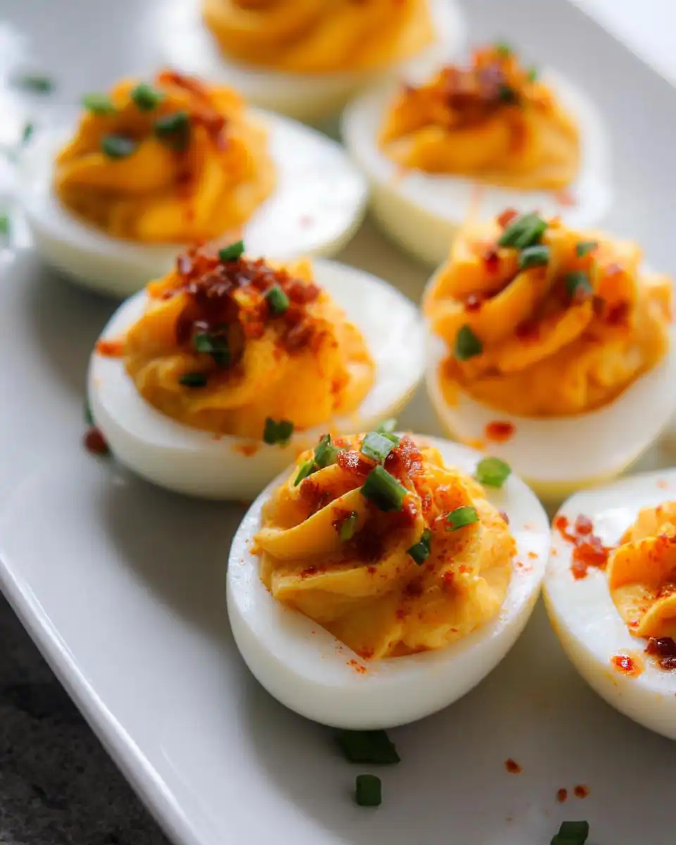 Close-up of several Spicy Sriracha Deviled Eggs piped with filling and topped with chives and chili flakes.