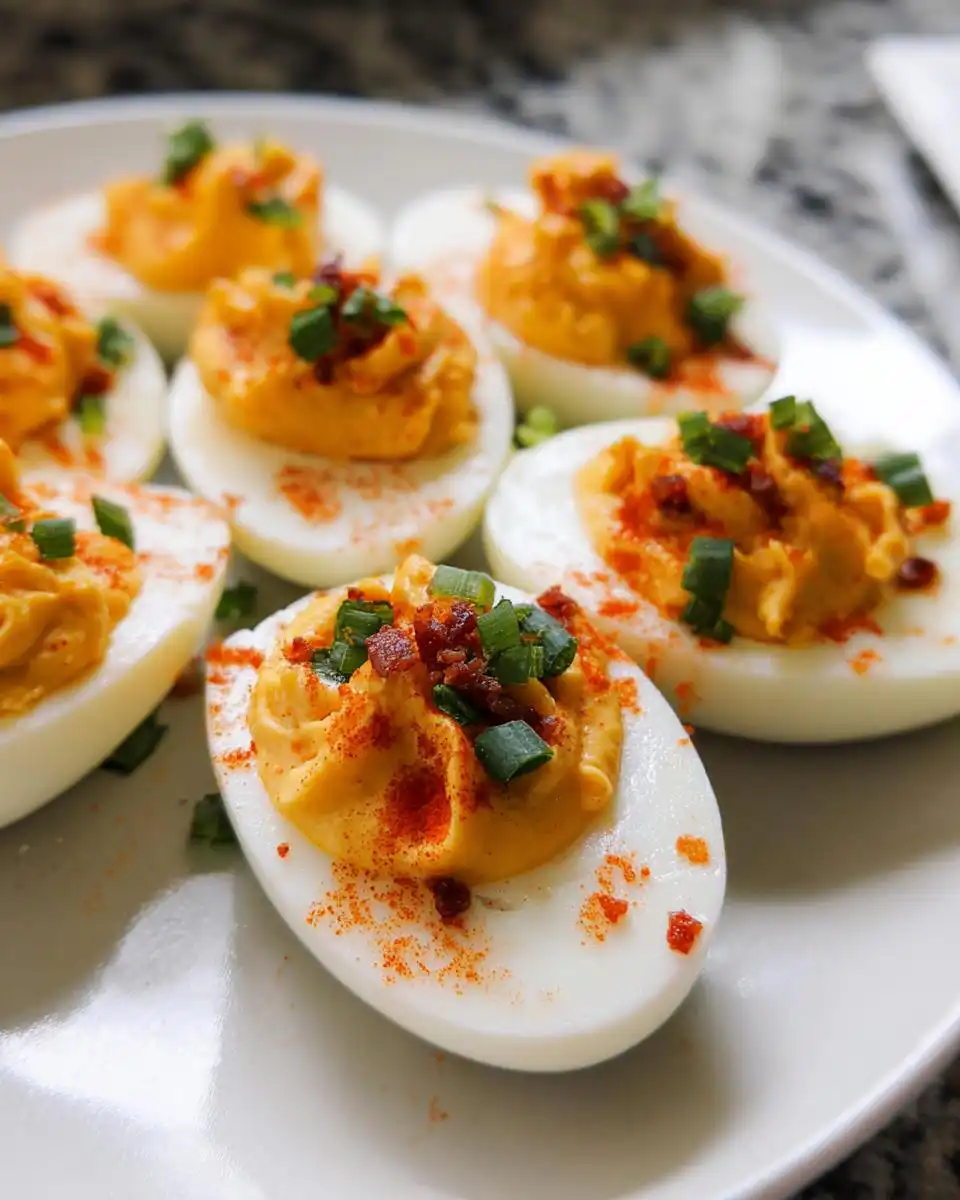 Close-up of several Spicy Sriracha Deviled Eggs garnished with paprika, bacon bits, and chives on a white plate.