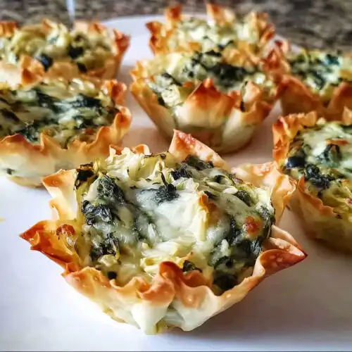 Close-up of baked Spinach Artichoke Alfredo Cups in crispy wonton shells on a white plate.