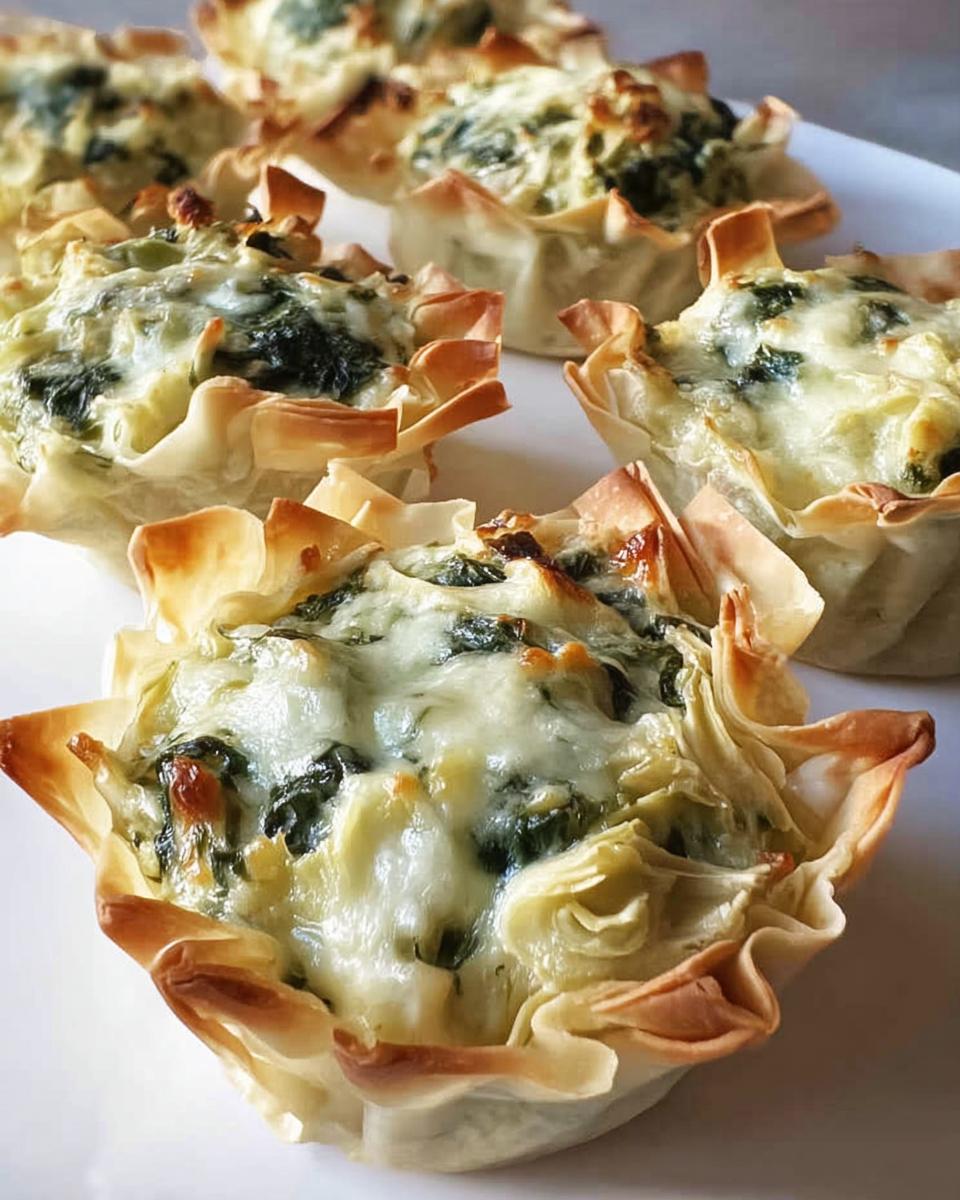 Close-up of baked Spinach Artichoke Alfredo Cups in crispy phyllo shells topped with melted cheese.