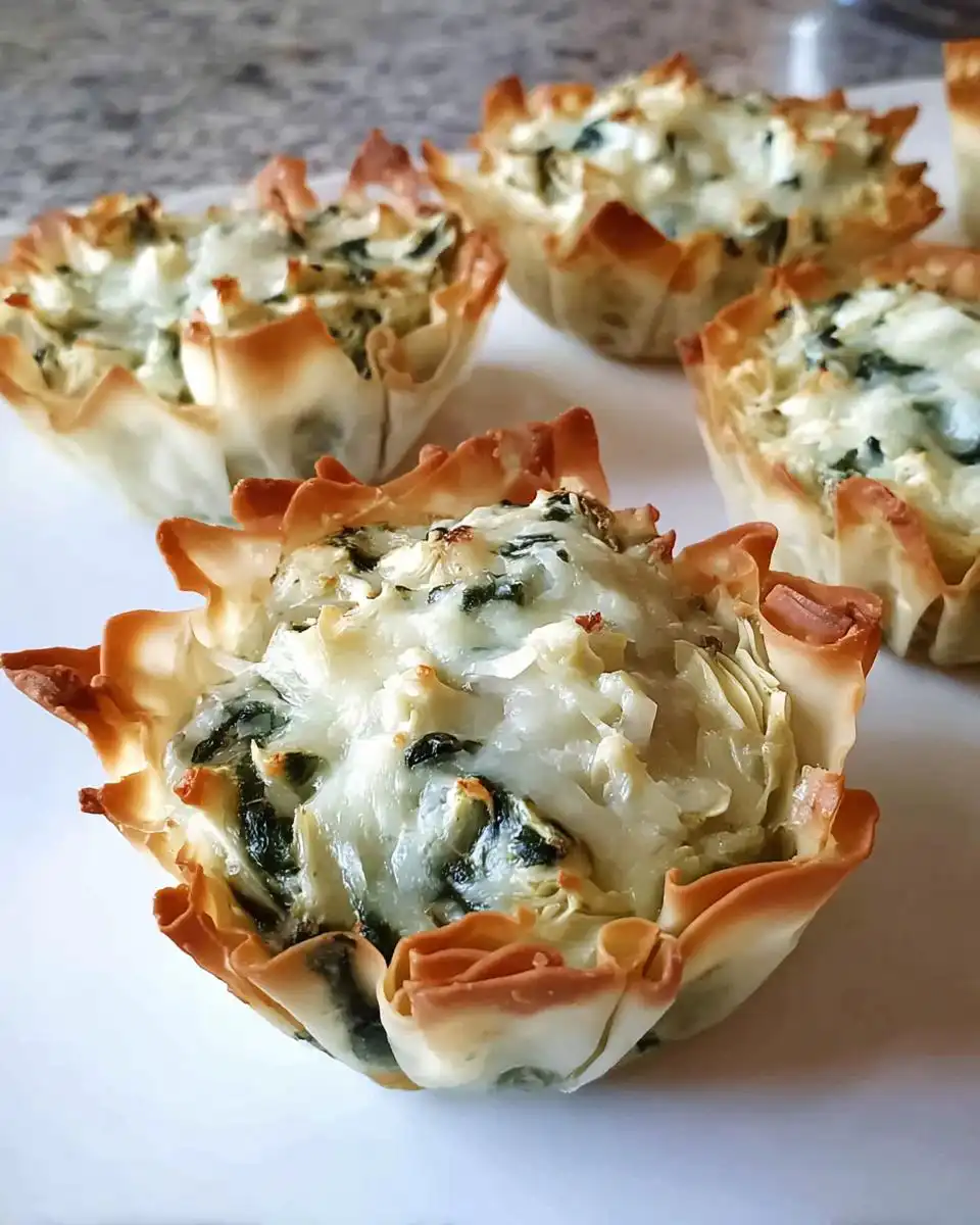 Close-up of a baked Spinach Artichoke Alfredo Cups appetizer in a crispy phyllo shell.