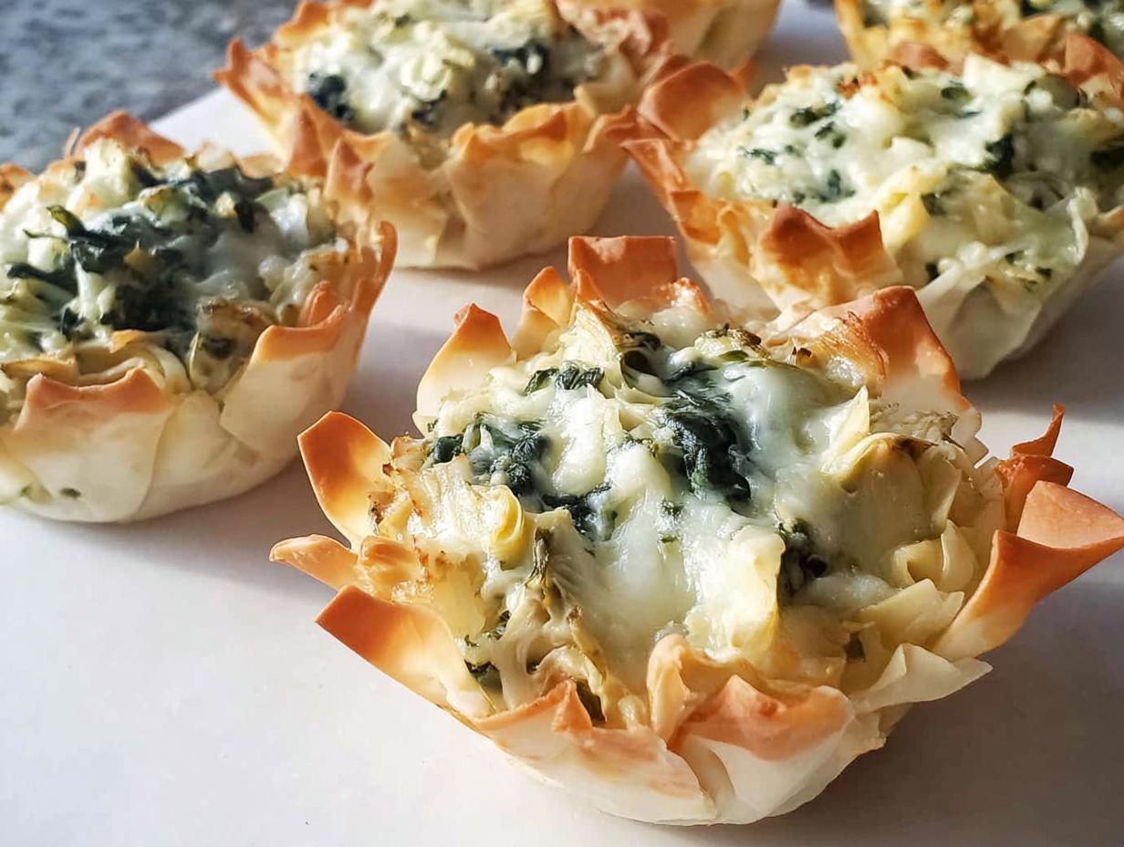 Close-up of baked Spinach Artichoke Alfredo Cups in crispy phyllo shells, topped with melted cheese.