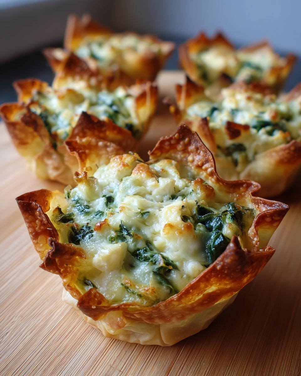Close-up of baked Spinach Artichoke Chicken Wonton Cups with crispy edges and cheesy filling.