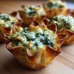 Close-up of baked Spinach Artichoke Chicken Wonton Cups with melted cheese topping on a wooden board.