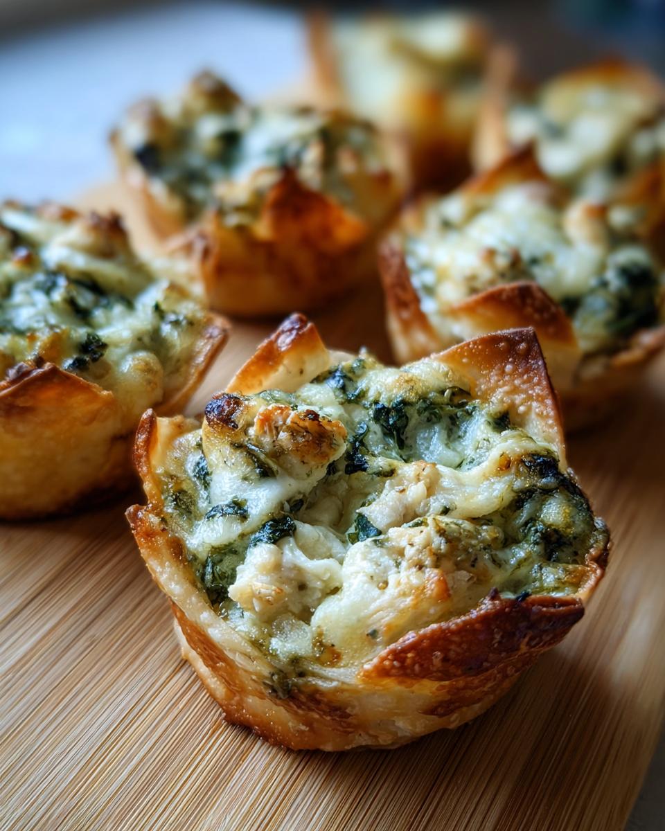 Close-up of a baked Spinach Artichoke Chicken Wonton Cup featuring melted cheese and a crispy wonton shell.