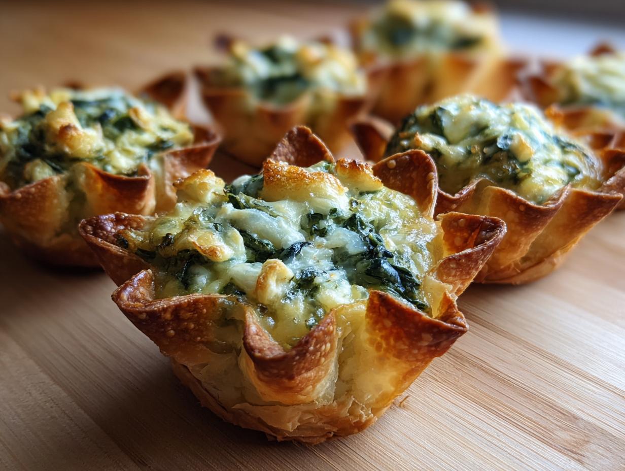 Close-up of baked Spinach Artichoke Chicken Wonton Cups with melted cheese topping on a wooden board.