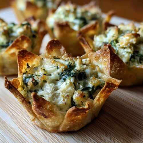 A close-up of a freshly baked Spinach Artichoke Chicken Wonton Cup with a creamy, cheesy filling.