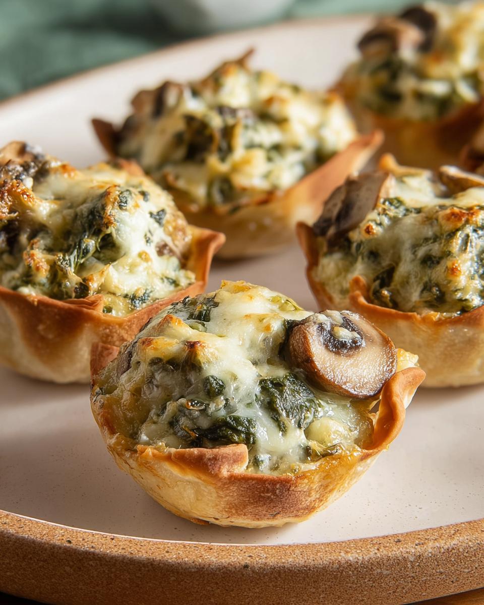 Close-up of baked Spinach Artichoke Mushroom Cups filled with creamy spinach mixture and topped with melted cheese and a mushroom slice.