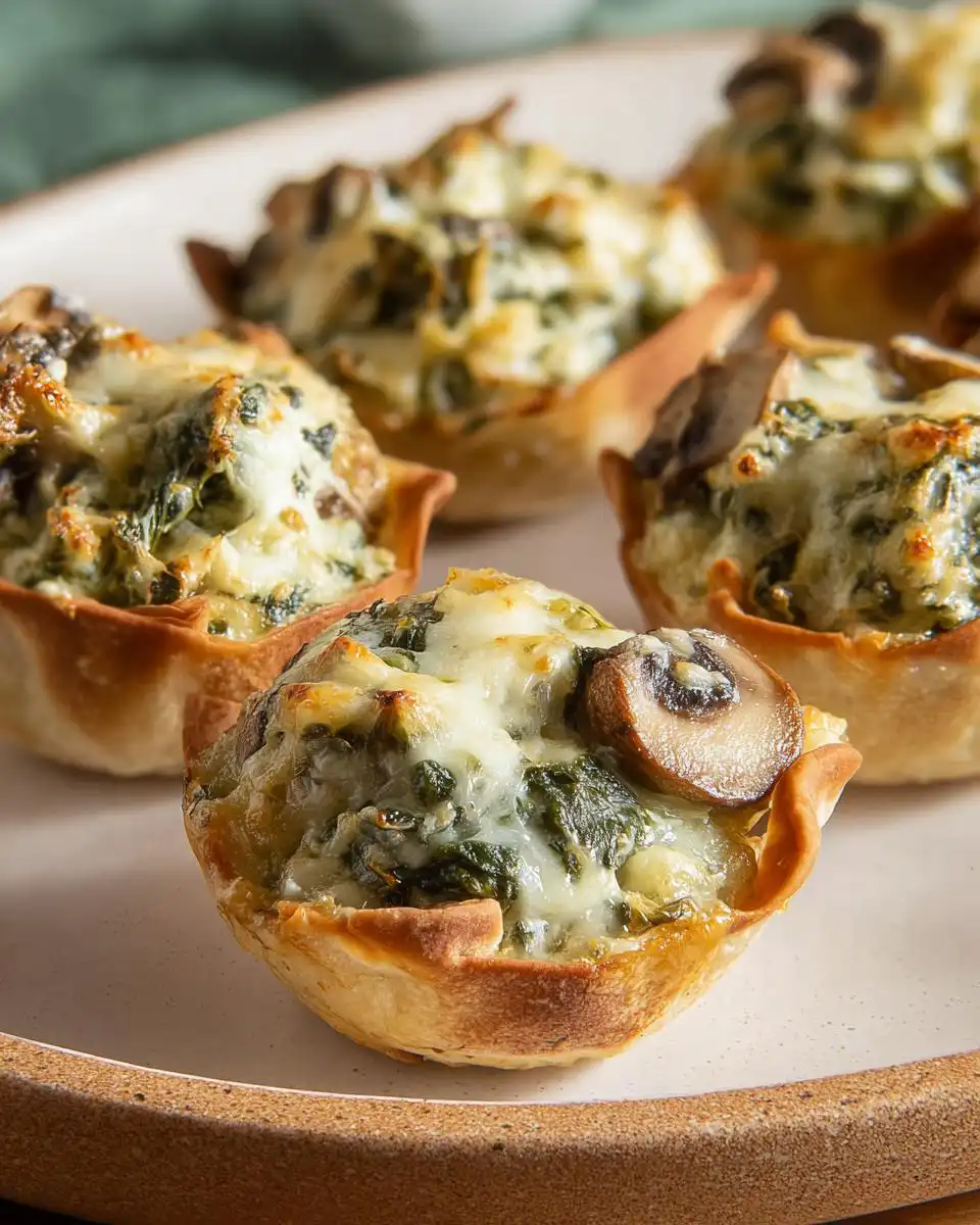 Close-up of baked Spinach Artichoke Mushroom Cups filled with creamy spinach mixture and topped with melted cheese and a mushroom slice.