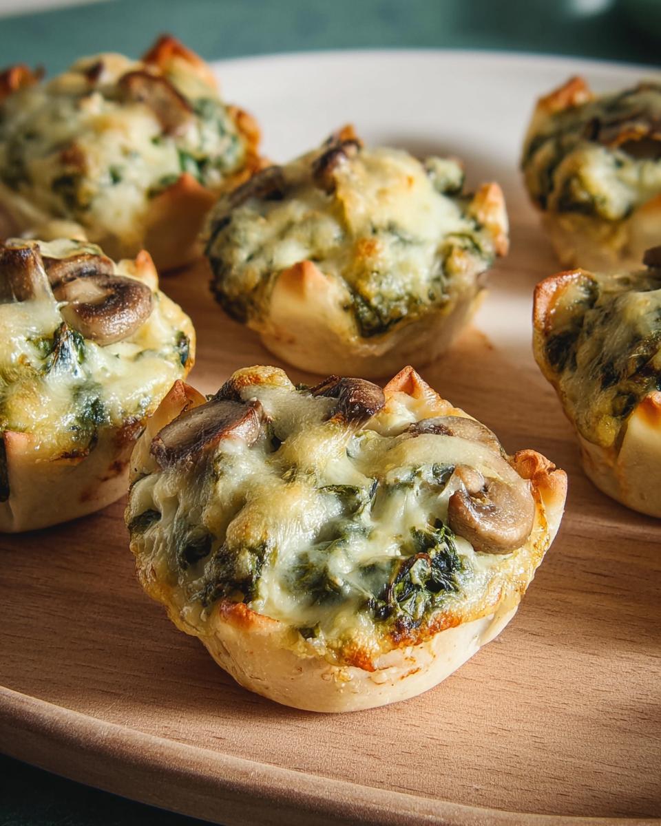 Close-up of baked Spinach Artichoke Mushroom Cups topped with melted cheese and sliced mushrooms.