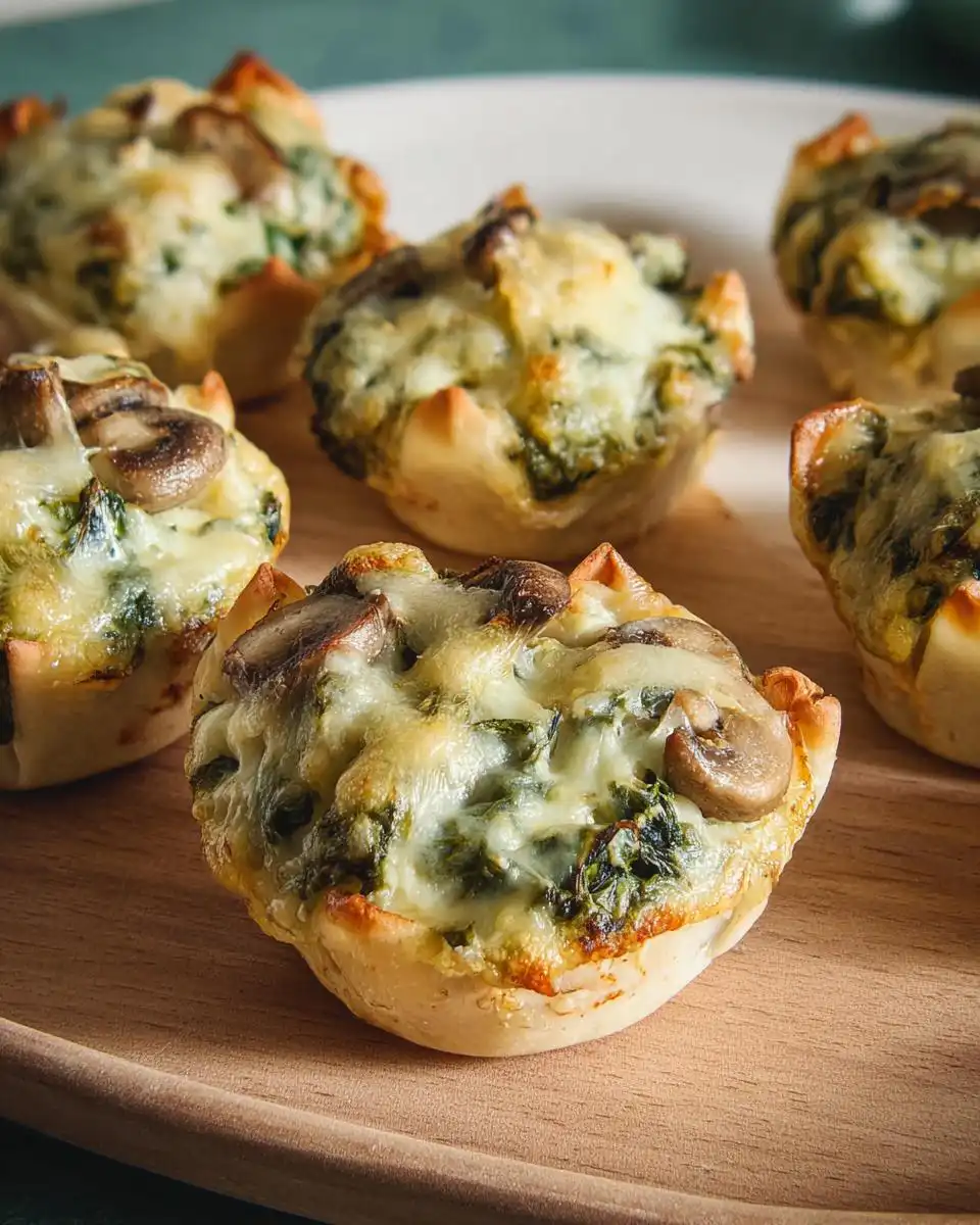 Close-up of baked Spinach Artichoke Mushroom Cups topped with melted cheese and sliced mushrooms.