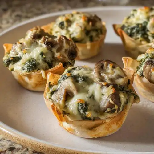 Close-up of baked Spinach Artichoke Mushroom Cups topped with melted cheese, served on a light plate.