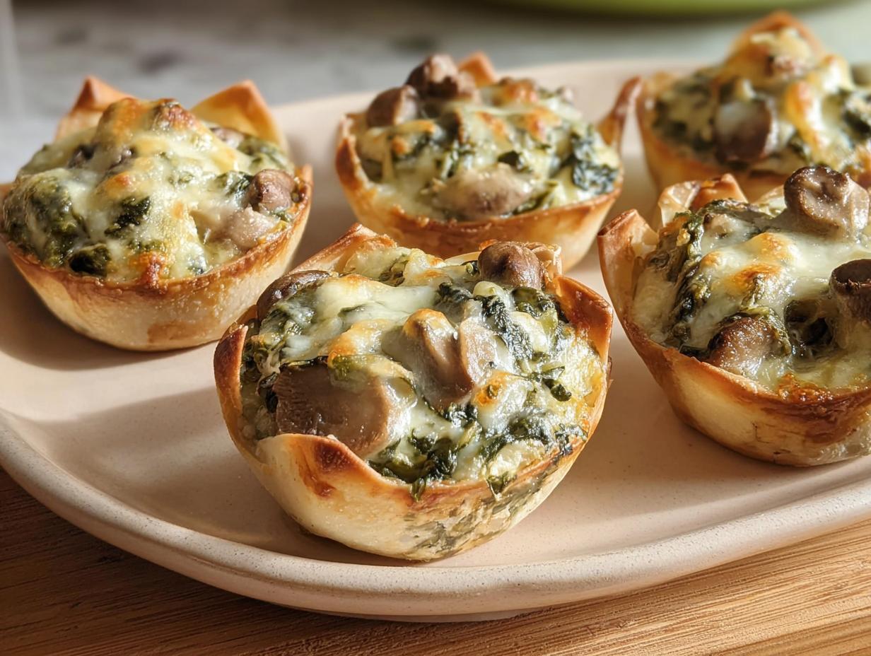 Five baked Spinach Artichoke Mushroom Cups topped with melted cheese and mushrooms, served on a light-colored plate.