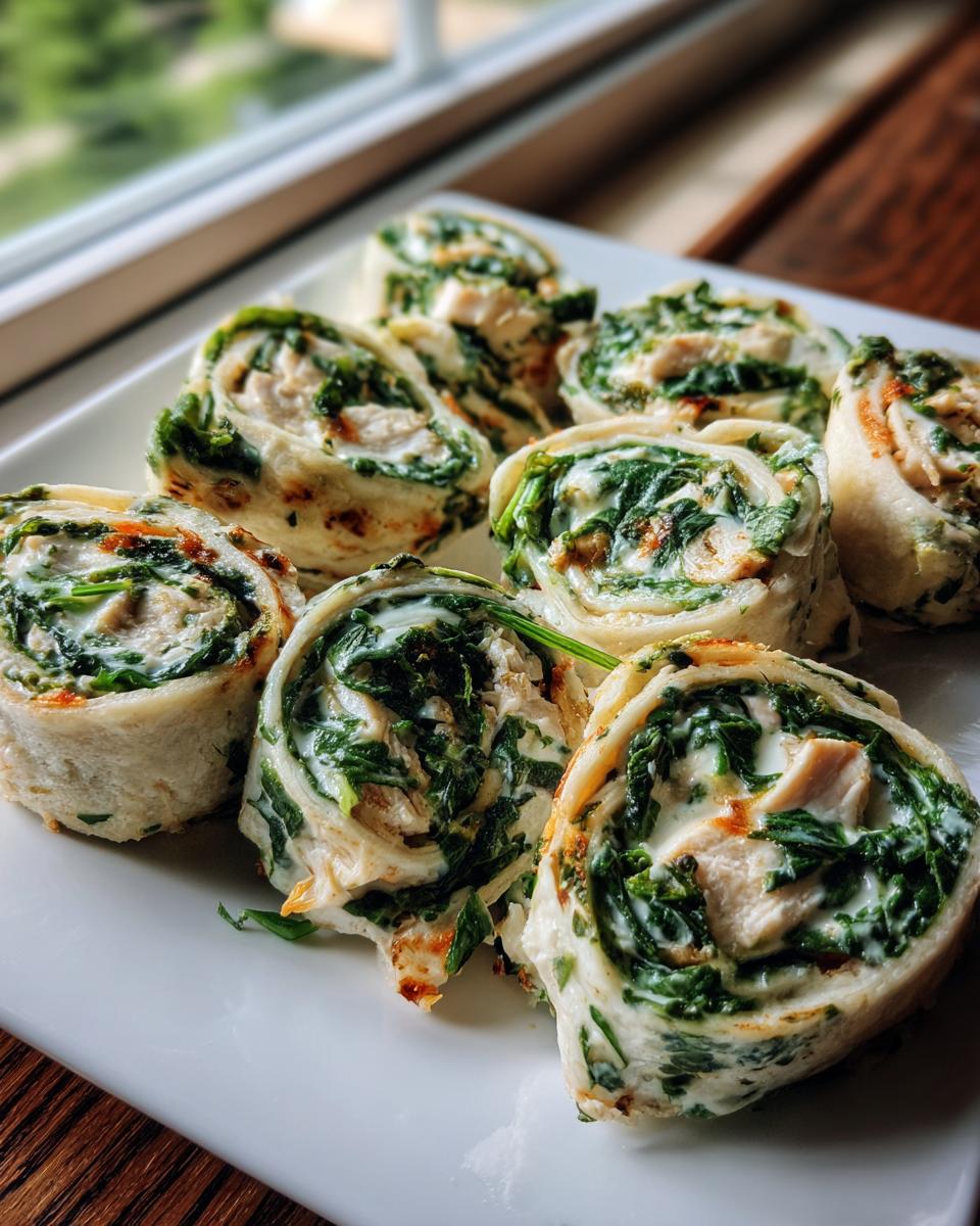 Close-up of several Spinach Chicken Pinwheels arranged on a white plate, showing creamy spinach and chicken filling.