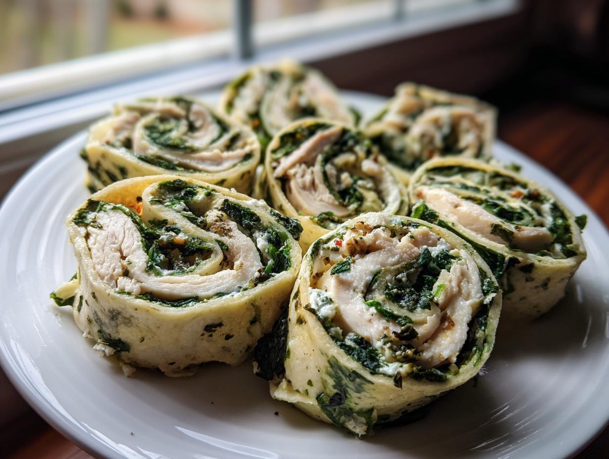 Close-up of several sliced Spinach Chicken Pinwheels arranged on a white plate near a window.