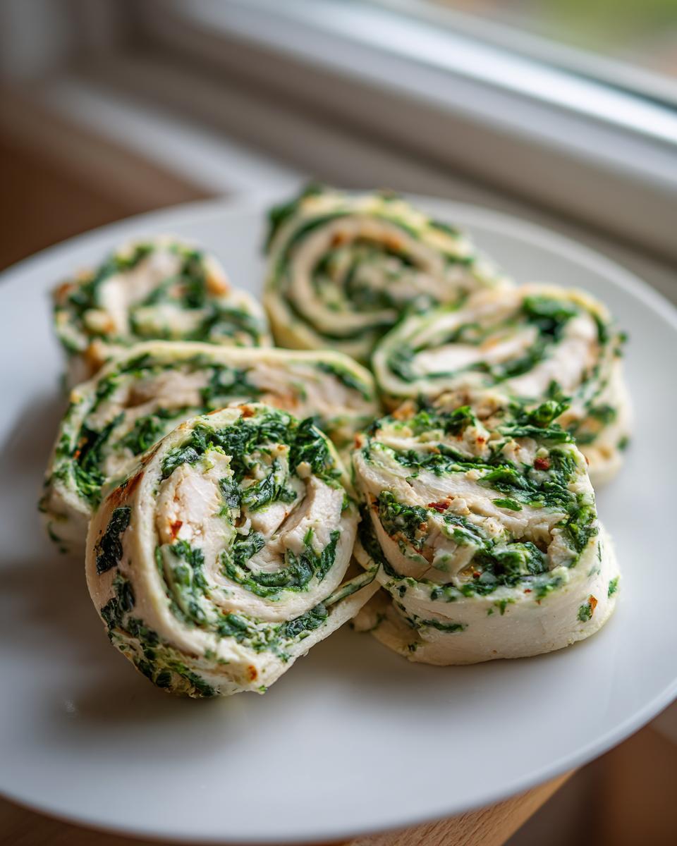 Close-up of five slices of Spinach Chicken Pinwheels, showing chicken breast rolled with creamy spinach filling, served on a white plate.