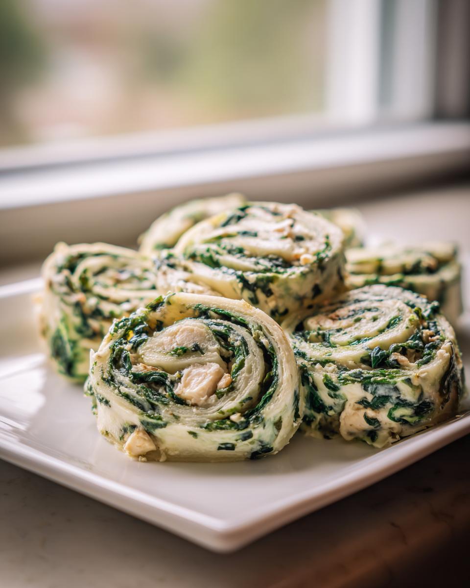 Several slices of Spinach Chicken Pinwheels, showing the green spinach swirl and chunks of white chicken filling, served on a white platter.
