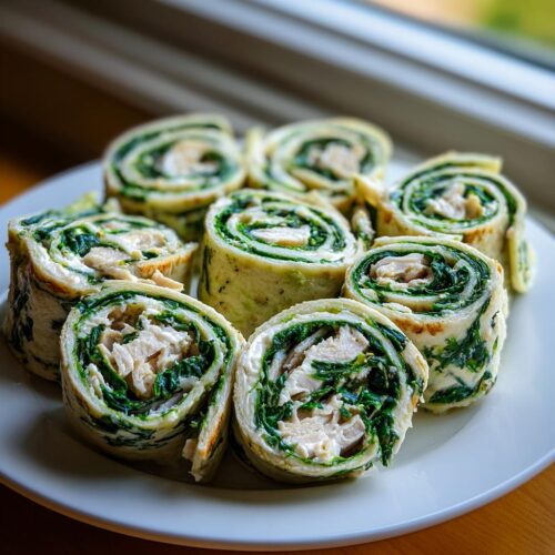 Close-up of several sliced Spinach Chicken Pinwheels arranged on a white plate, showing chicken and spinach filling.
