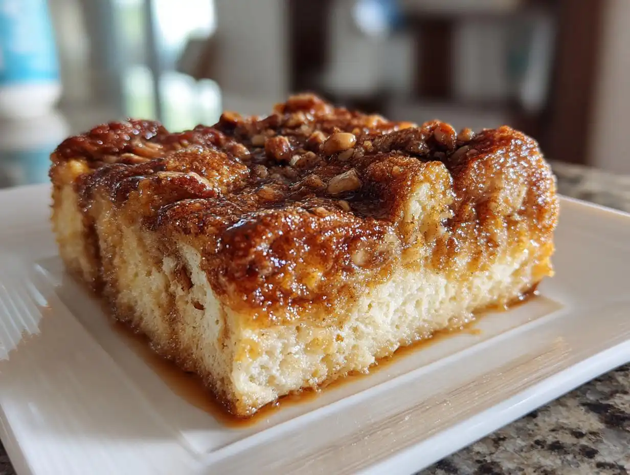Close-up of a square sticky bun with caramelized topping and nuts, perfect for Sweet Breakfast for Cozy Mornings.