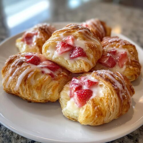 A plate of freshly baked Strawberry Danish Bites filled with cream cheese and fresh strawberries, drizzled with white icing.