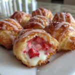 A close-up of several golden Strawberry Danish Bites, one broken open revealing strawberry pieces in cream filling.