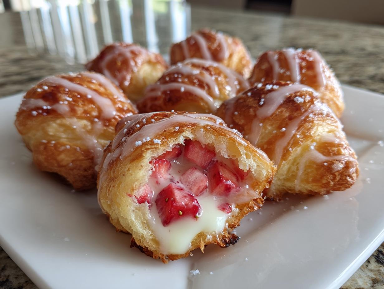 A close-up of several golden Strawberry Danish Bites, one broken open revealing strawberry pieces in cream filling.