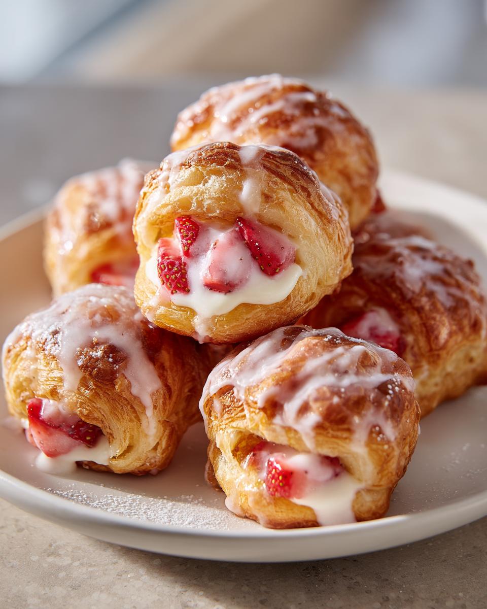 A stack of golden, flaky Strawberry Danish Bites filled with cream and fresh strawberries, drizzled with white icing.