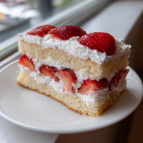 A perfect slice of Strawberry Dessert Sandwich featuring layers of sponge cake, whipped cream, and fresh strawberries.