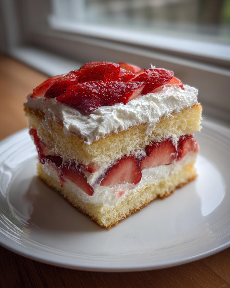 A square slice of Strawberry Dessert Sandwich featuring layers of sponge cake, whipped cream, and fresh strawberries.