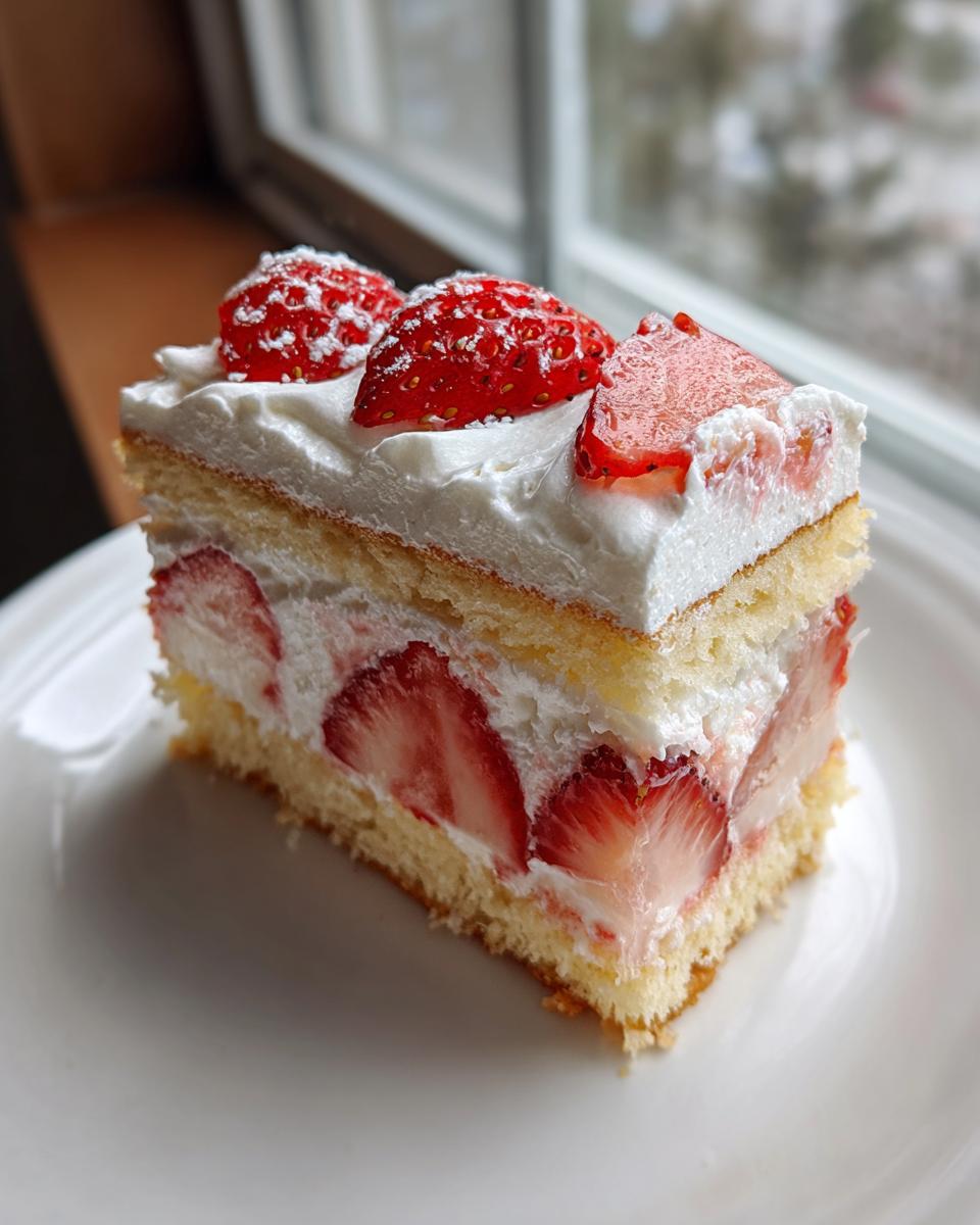 A perfect slice of Strawberry Dessert Sandwich cake layered with sponge cake, fresh strawberries, and whipped cream.