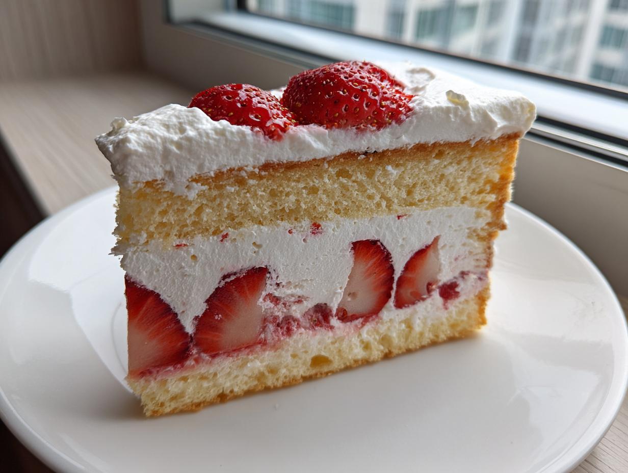 A perfect slice of Strawberry Dessert Sandwich cake featuring layers of sponge cake, whipped cream, and fresh strawberries.