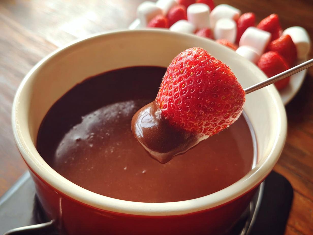 A fresh strawberry being dipped into a pot of smooth Milk Chocolate Fondue using a fondue fork.