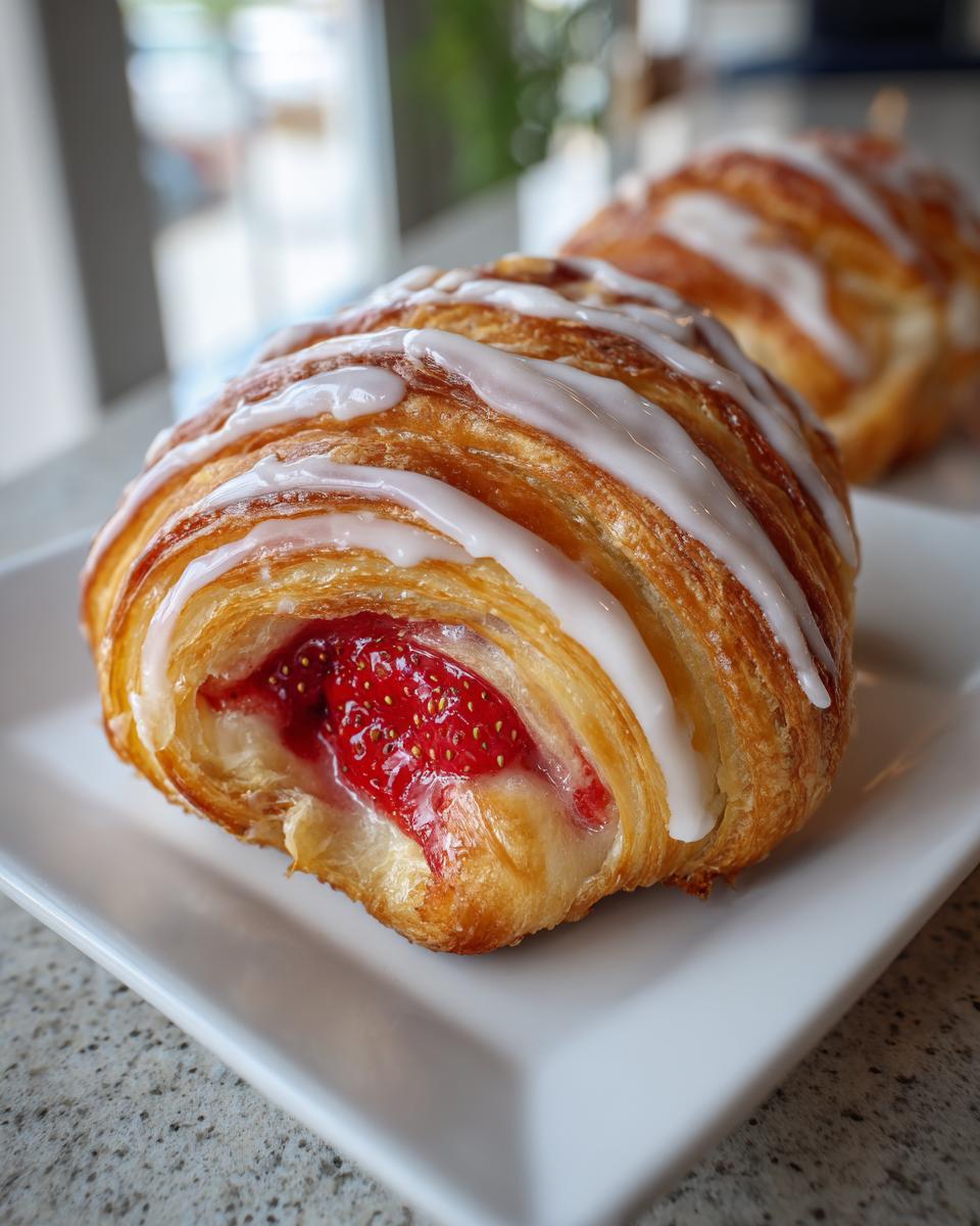Close-up of a flaky Strawberry Pastry Swirls showing bright red strawberry filling and white icing drizzle.