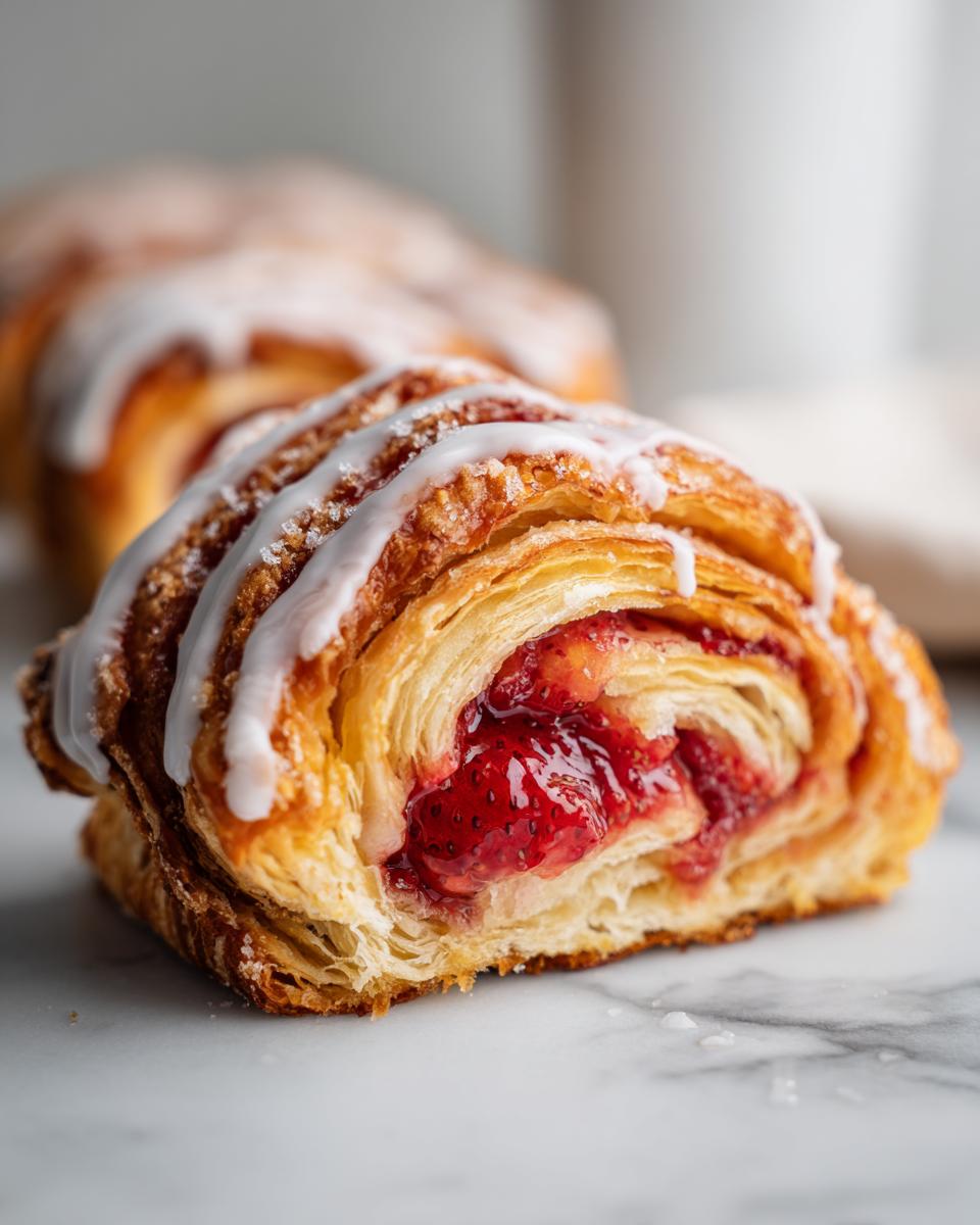 A close-up of a flaky Strawberry Pastry Swirl cut in half, showing the strawberry filling and white icing drizzle.