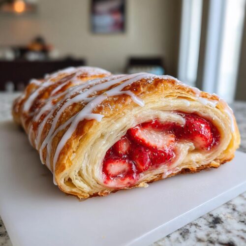 A close-up of a flaky, golden Strawberry Pastry Swirls filled with bright red strawberries and topped with white icing.