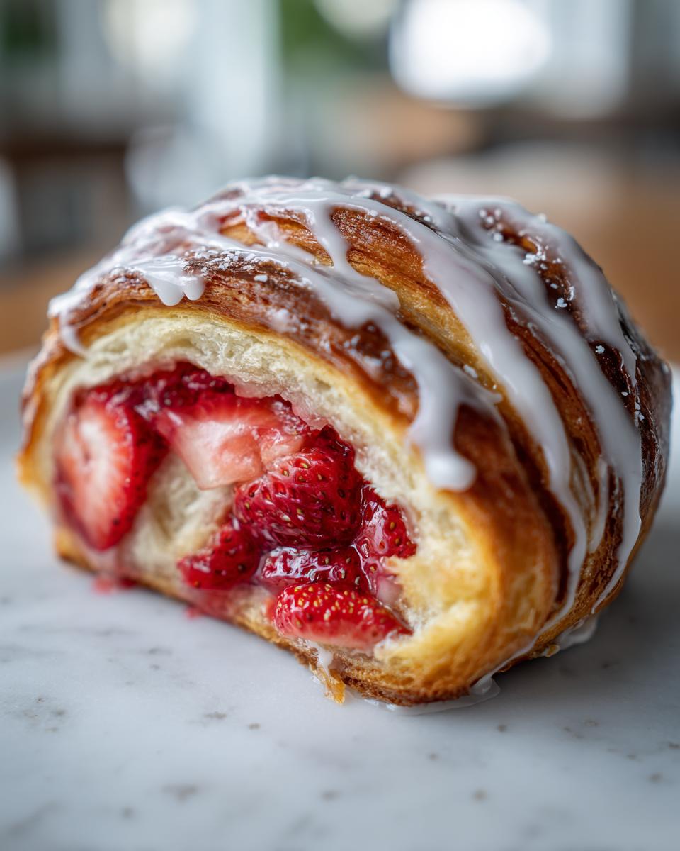 A cross-section of a flaky Strawberry Pastry Swirls filled with bright red strawberries and drizzled with white icing.