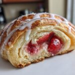 A close-up of a flaky Strawberry Pastry Swirls cross-section showing strawberry filling and white icing drizzle.