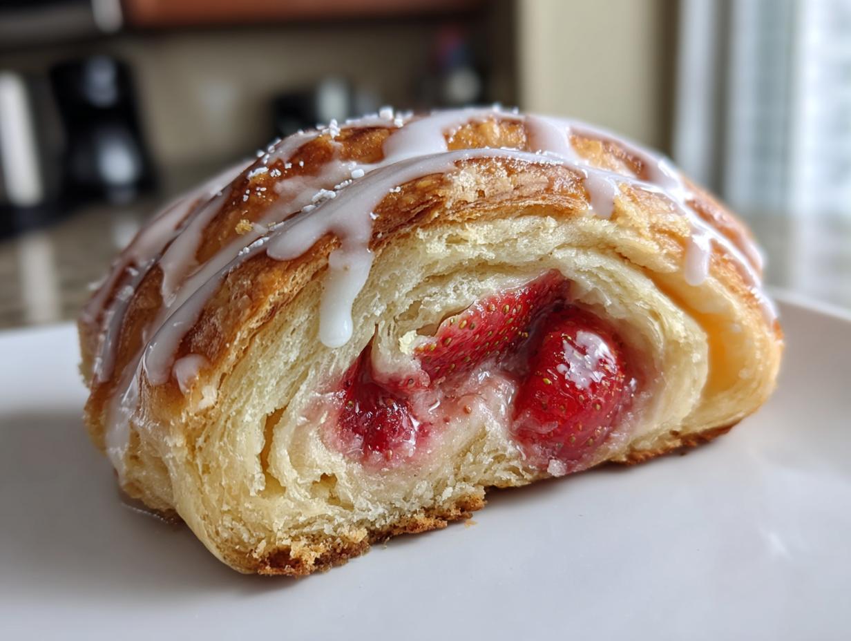 A close-up of a flaky Strawberry Pastry Swirls cross-section showing strawberry filling and white icing drizzle.