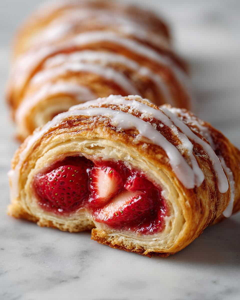 Close-up of a cut Strawberry Pastry Swirl showing flaky layers and rich strawberry filling, drizzled with white icing.