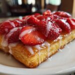 A close-up of a flaky Strawberry Puff Pastry Danish topped with sliced strawberries and white icing drizzle on a white plate.