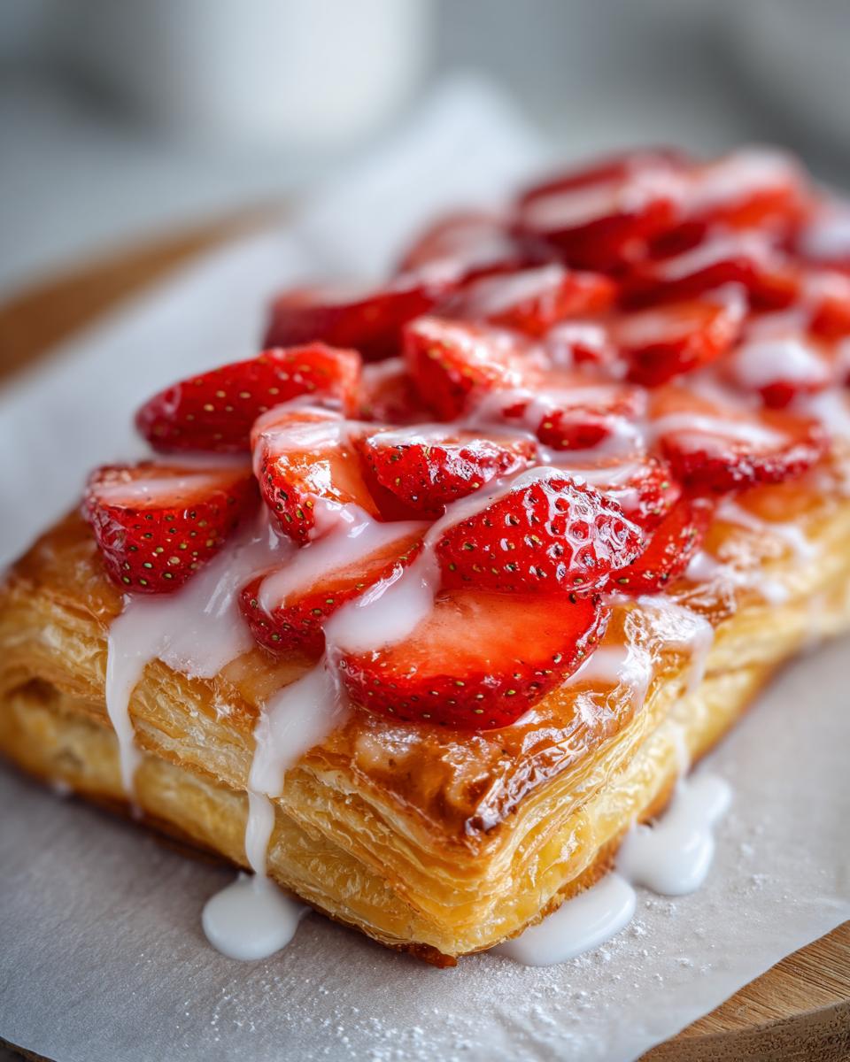 A close-up of a flaky Strawberry Puff Pastry Danish topped with sliced strawberries and white icing drizzle.