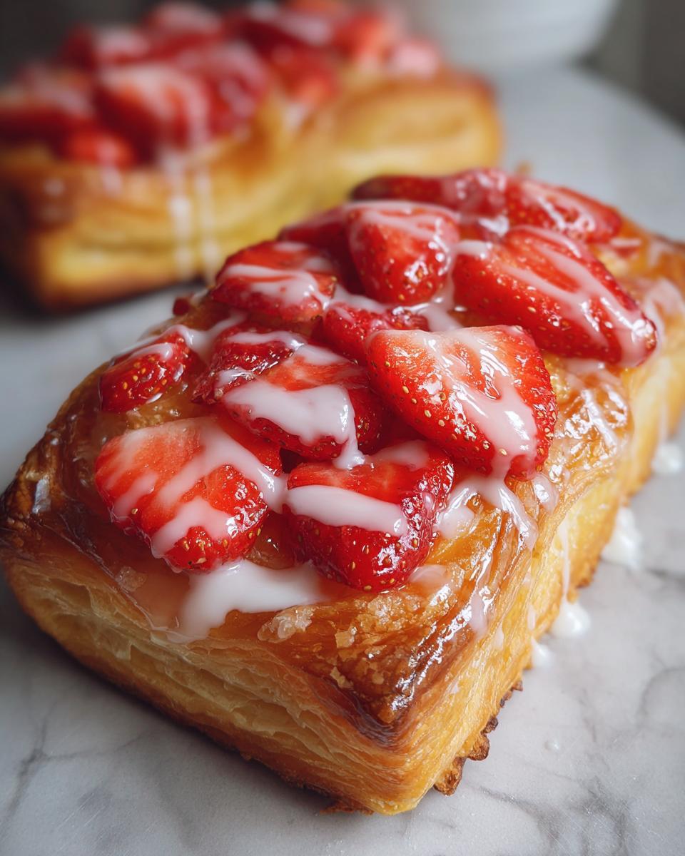 Close-up of a flaky Strawberry Puff Pastry Danish topped with sliced fresh strawberries and white icing drizzle.