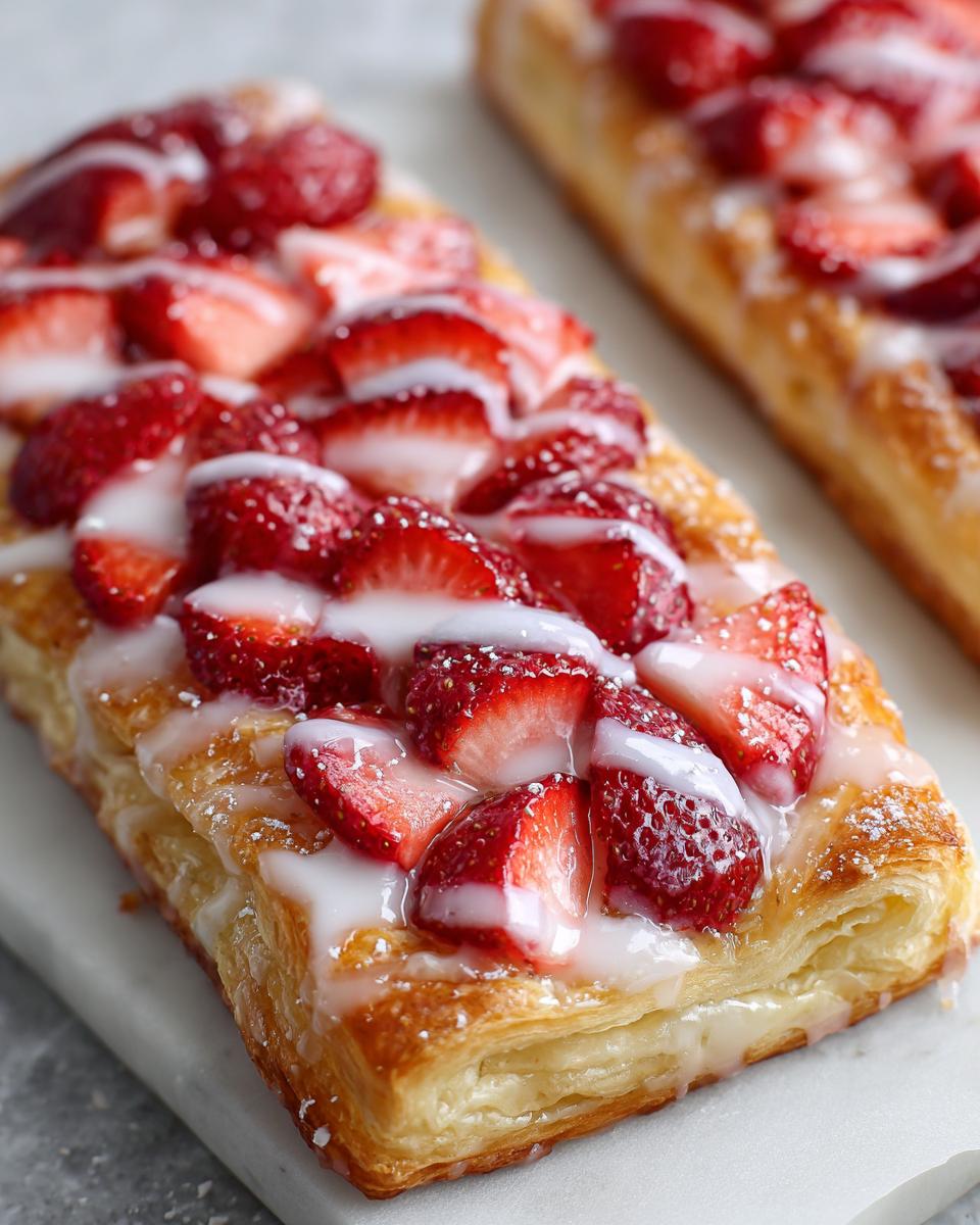 Close-up of a flaky Strawberry Puff Pastry Danish topped with sliced strawberries and white vanilla glaze.