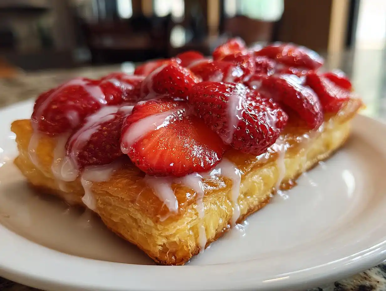 A close-up of a flaky Strawberry Puff Pastry Danish topped with sliced strawberries and white icing drizzle on a white plate.
