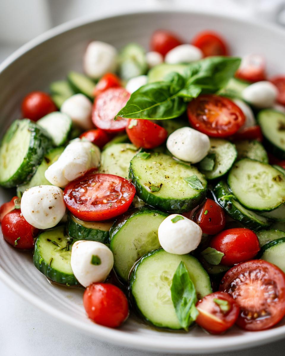 Close-up of a vibrant Summer Caprese Cucumber Salad featuring sliced cucumbers, cherry tomatoes, and mozzarella balls.