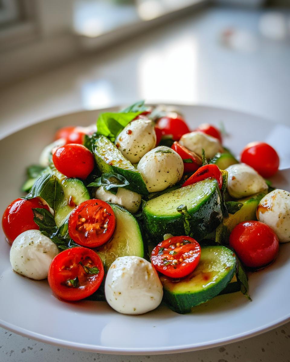 Close-up of Summer Caprese Cucumber Salad featuring cherry tomatoes, mozzarella balls, and cucumber slices drizzled with balsamic.