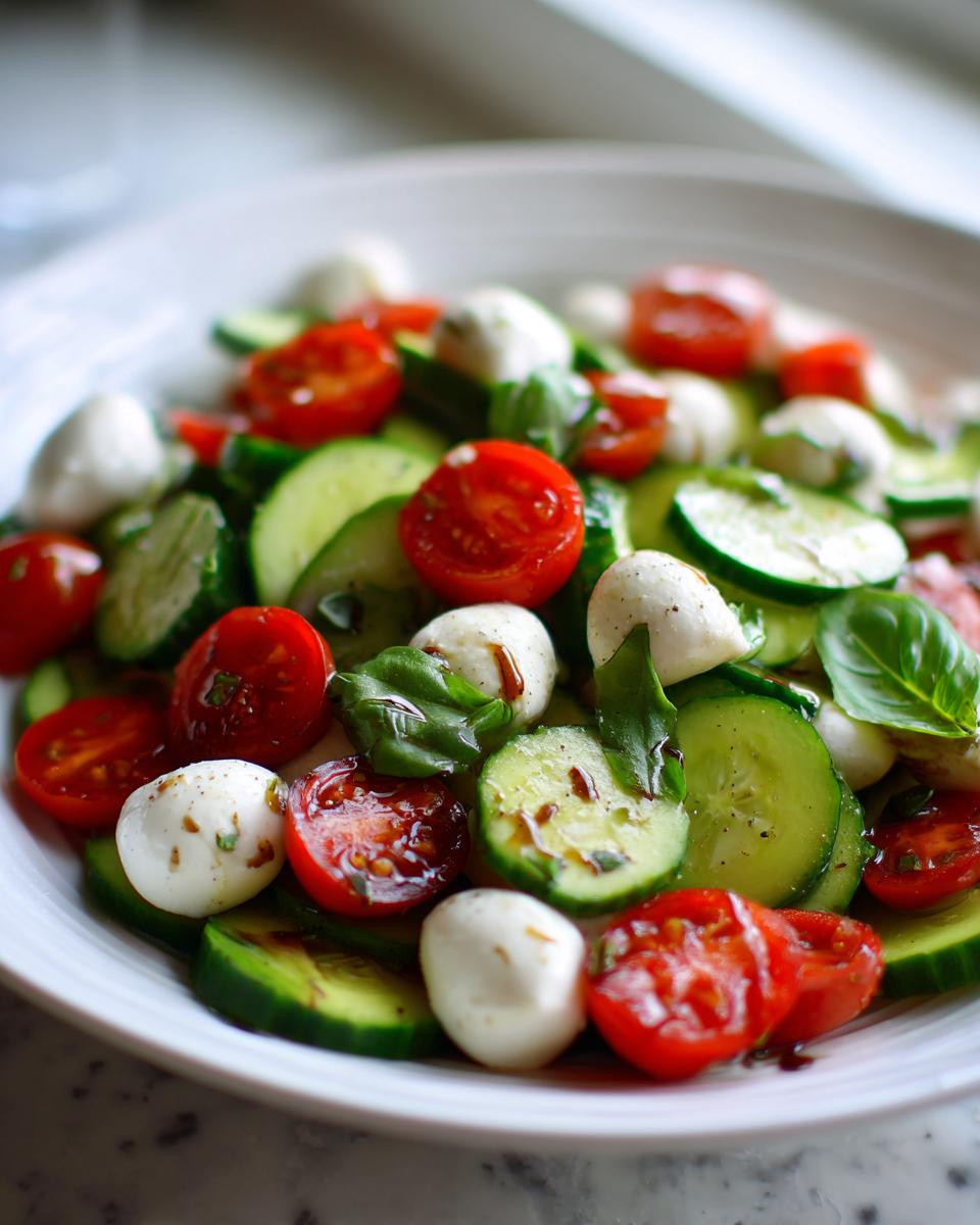 Close-up of Summer Caprese Cucumber Salad featuring mozzarella balls, cherry tomatoes, and cucumber slices drizzled with balsamic.